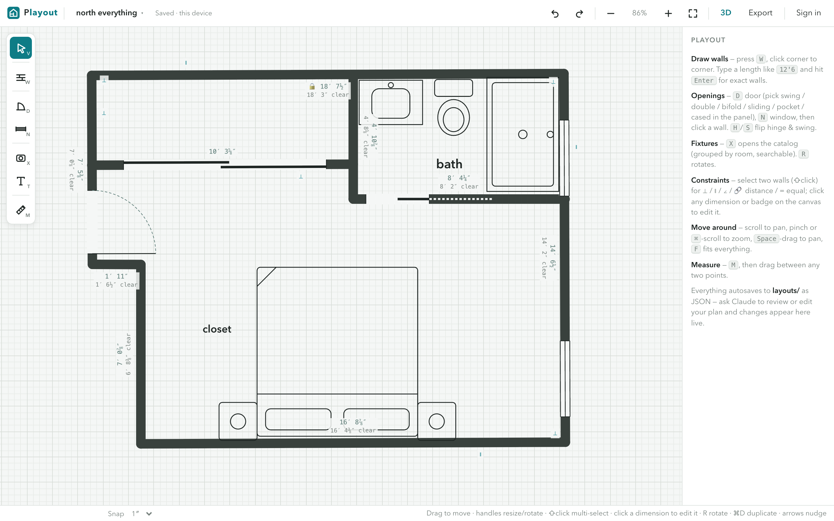 The Playout editor: a furnished bedroom-suite floor plan with dimensions, doors, and closets